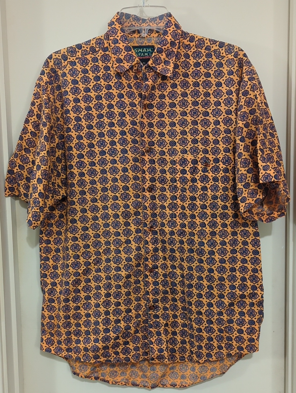 Vintage Shah Safari Orange & Navy Geometric Short-Sleeve Button-Down Shirt